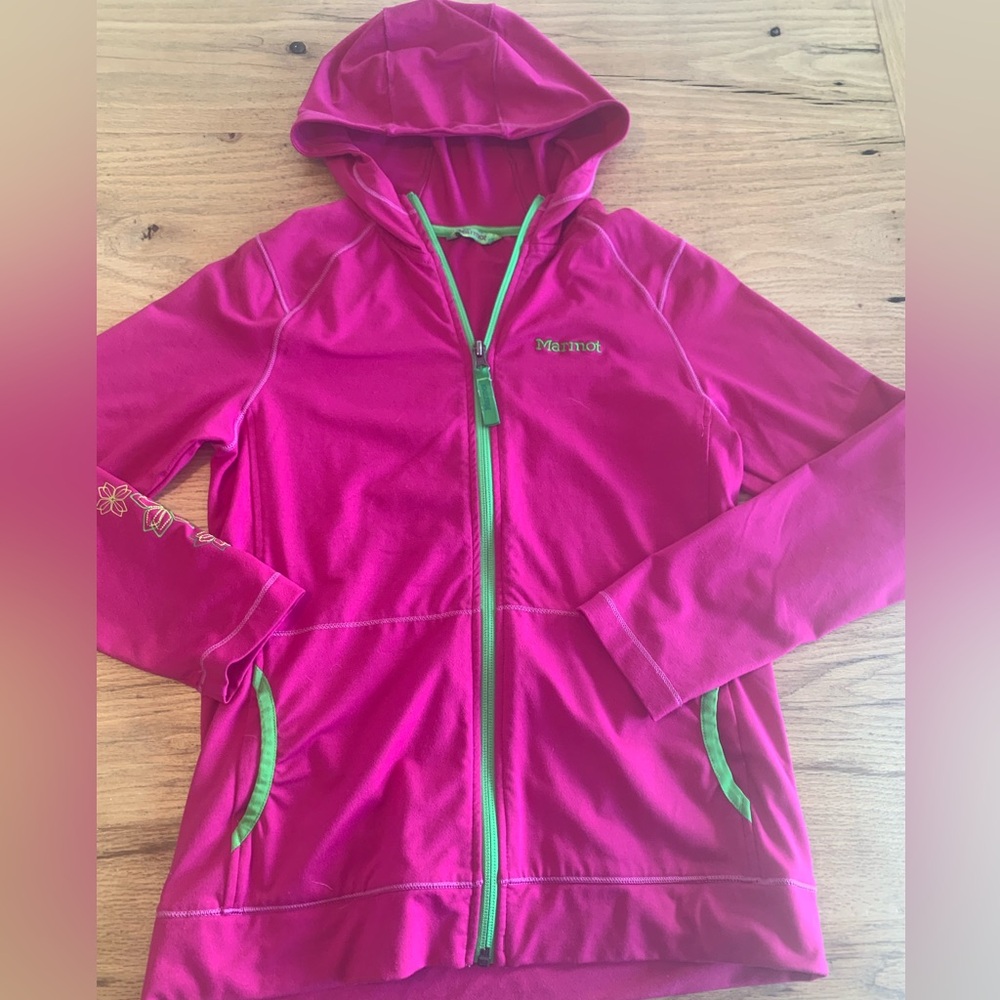 Marmot Full Zip‎ Stretch Hoodie Pink Green Girls Large Preloved
